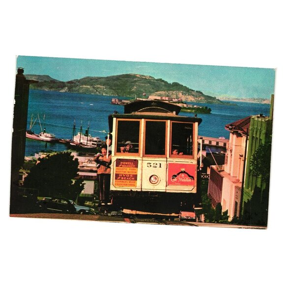 Cable Car On San Francisco Hill Vintage Postcard Hyde St Alcatraz Maritime Bay - Picture 1 of 2